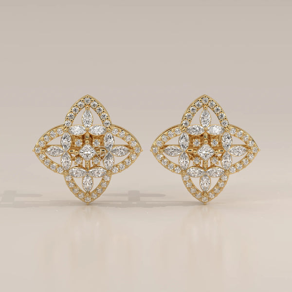 Front View: Marquise and Round Diamond Cluster Stud Earrings in Clover Frame, Yellow Gold – Lab Grown – Driona Jewels
