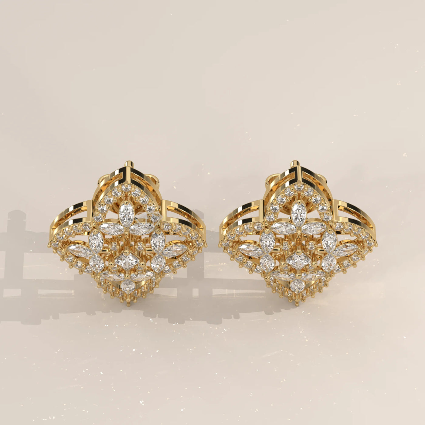 Pair Front View: Marquise and Round Diamond Cluster Stud Earrings in Clover Frame, Yellow Gold – Lab Grown – Driona Jewels