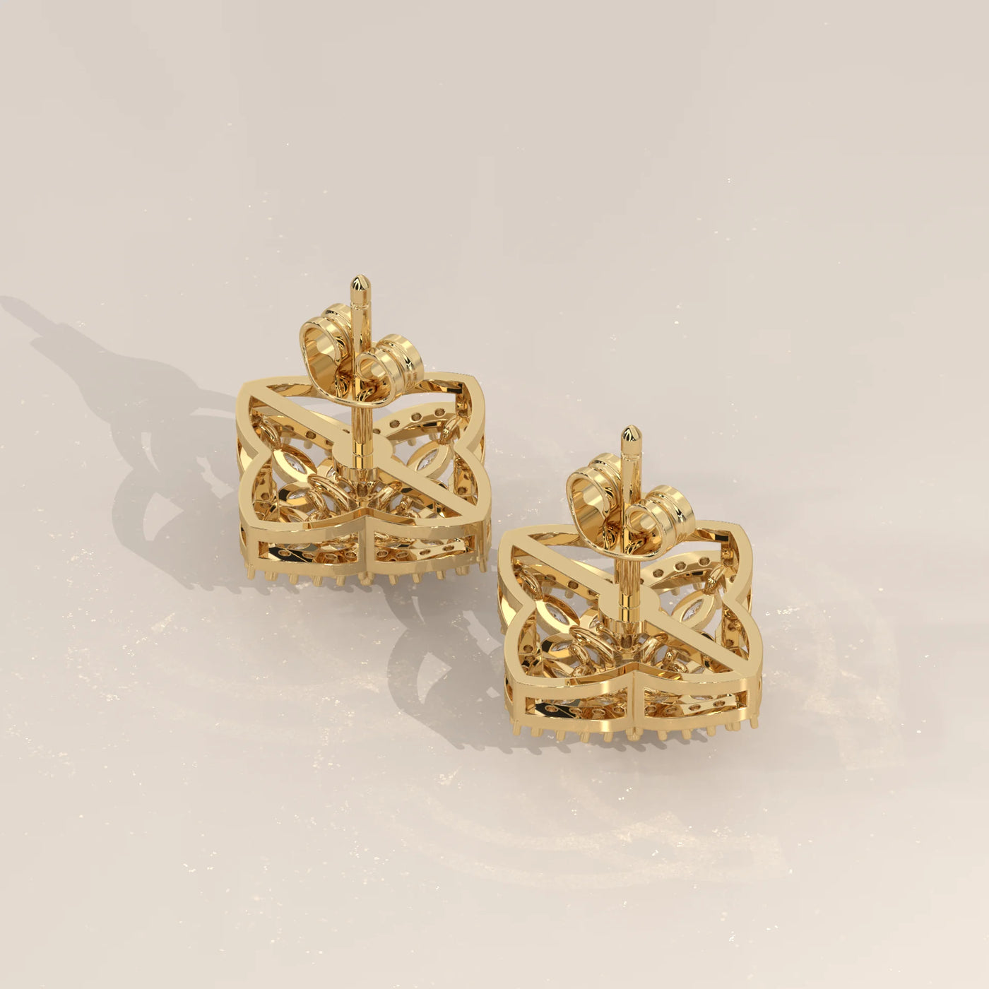 Side Profile: Marquise and Round Diamond Cluster Stud Earrings in Clover Frame, Yellow Gold – Lab Grown – Driona Jewels