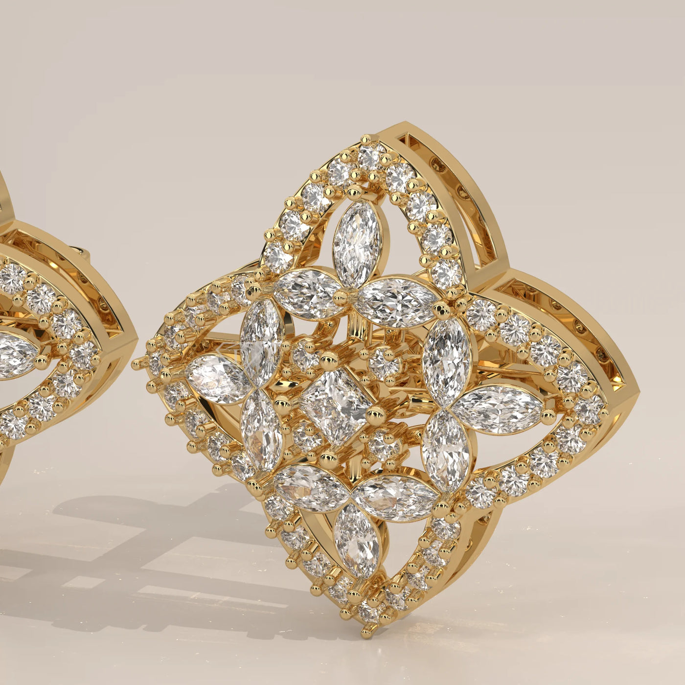 Stone Detail: Marquise, Princess and Round Lab Grown Diamonds in Pavé Clover Setting – Yellow Gold – Driona Jewels