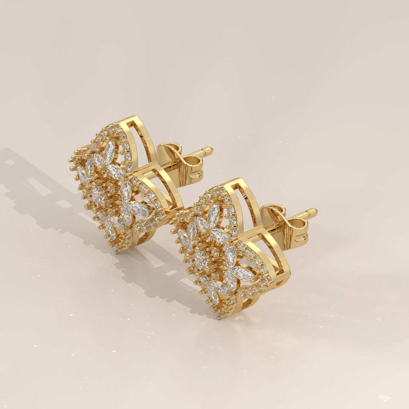 Three-Quarter View: Marquise and Round Diamond Cluster Stud Earrings in Clover Frame, Yellow Gold – Lab Grown – Driona Jewels