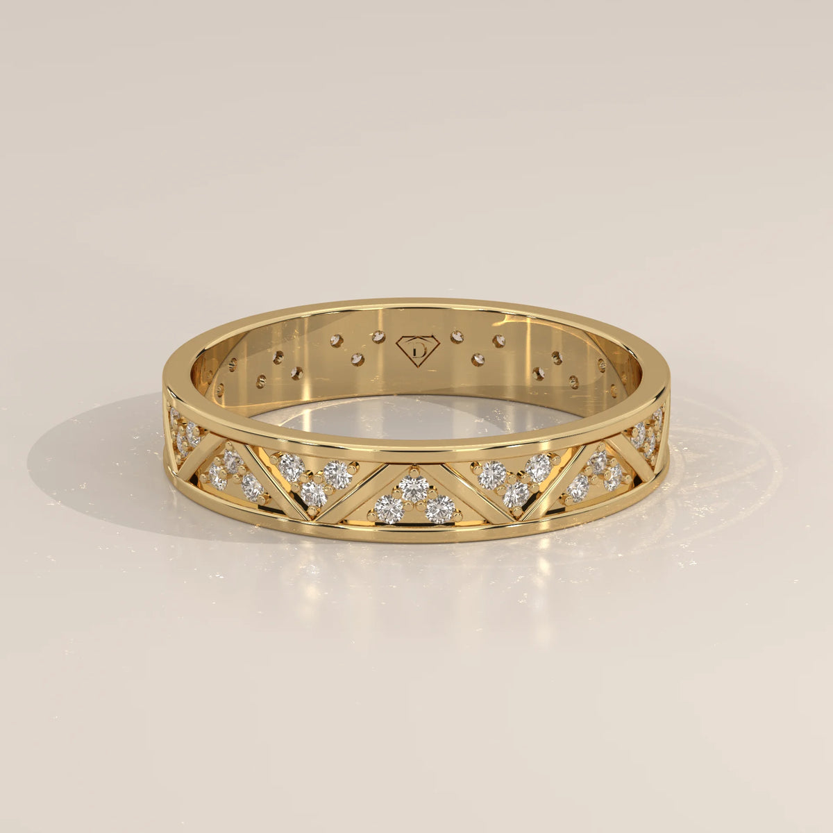 Round Lab Grown Diamond Geometric Triangle Band with Pave Clusters in yellow gold, shown at an angle.