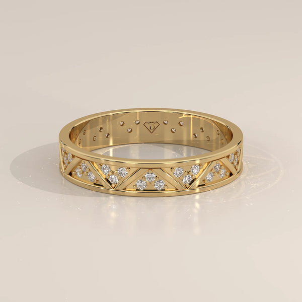 Round Lab Grown Diamond Geometric Triangle Band with Pave Clusters in yellow gold, shown at an angle.