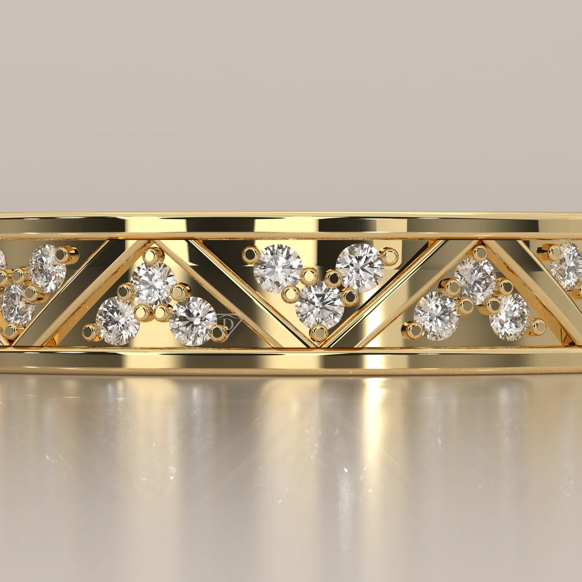 Round Lab Grown Diamond Geometric Triangle Band with Pave Clusters in yellow gold, front view on a plain background.