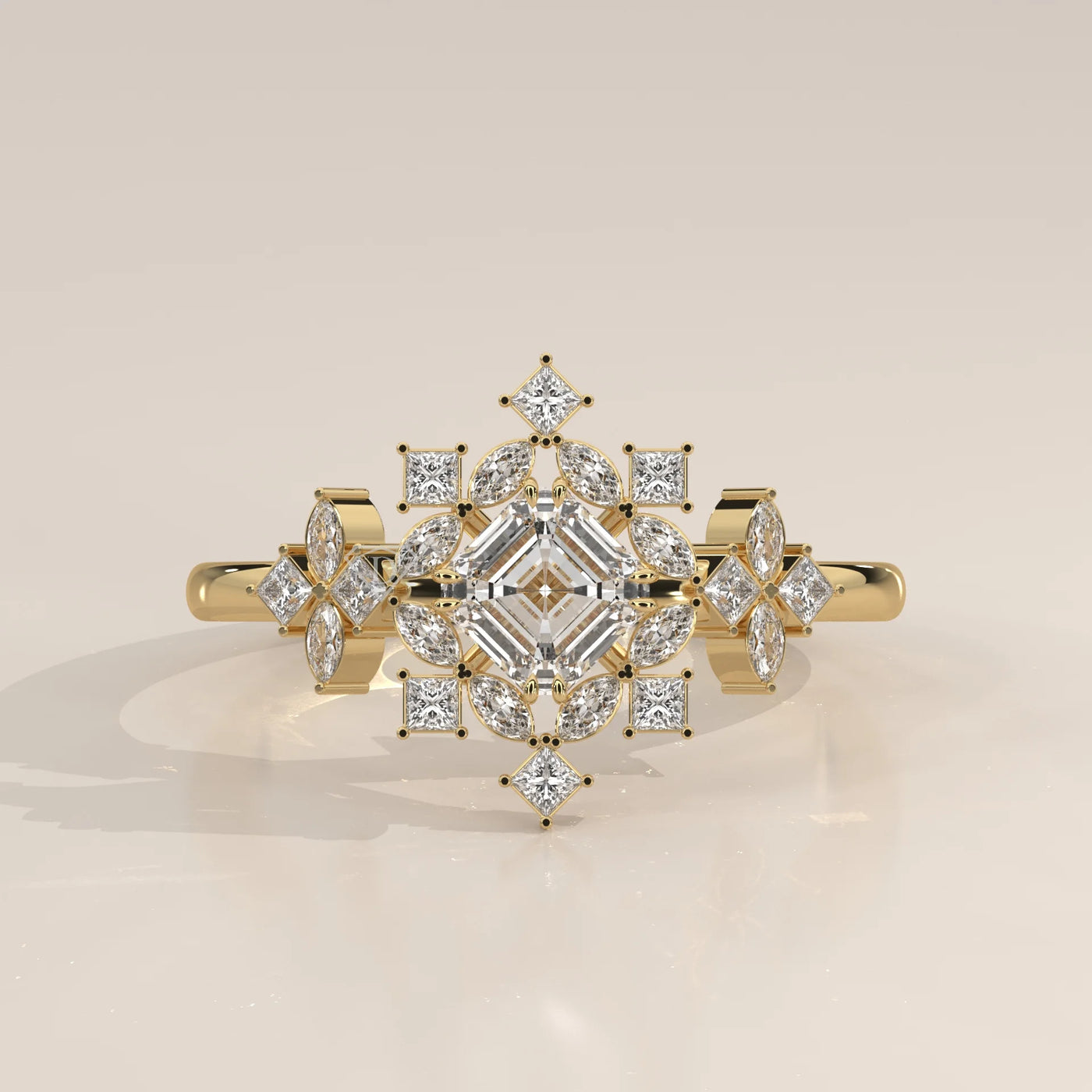 Elegant 14k gold ring with a geometric design of diamonds.