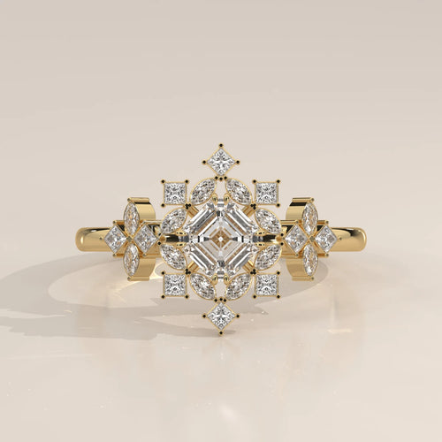 Elegant 14k gold ring with a geometric design of diamonds.