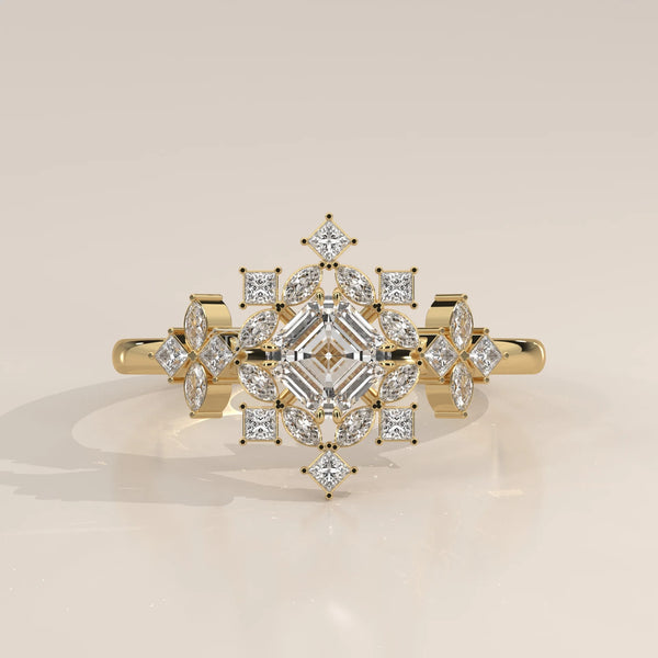 Elegant 14k gold ring with a geometric design of diamonds.