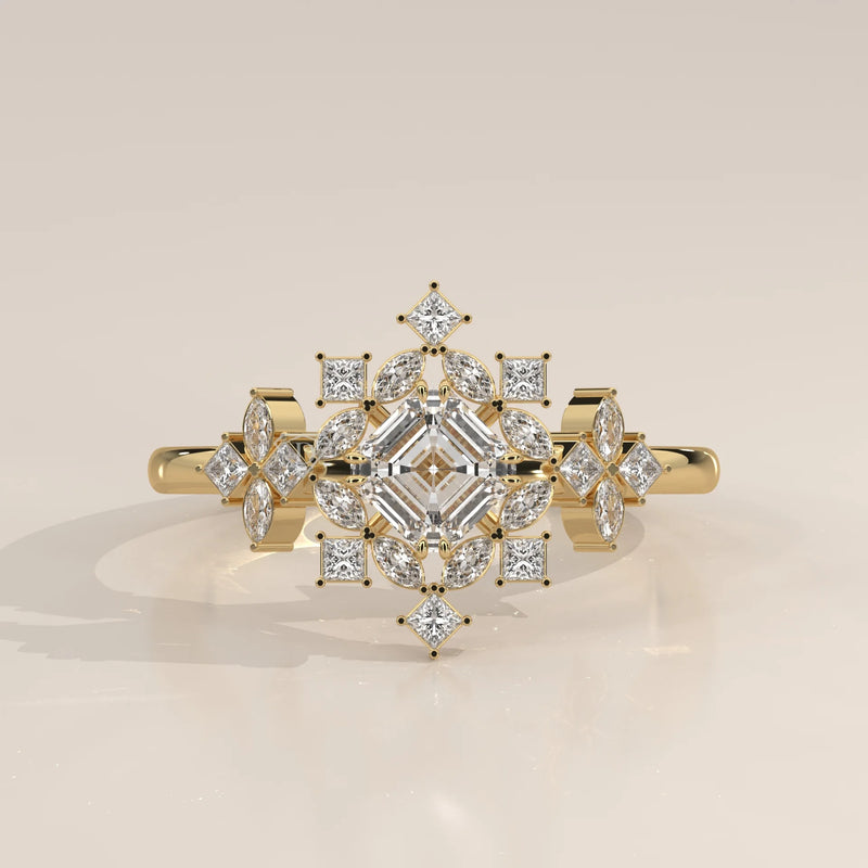 Elegant 14k gold ring with a geometric design of diamonds.