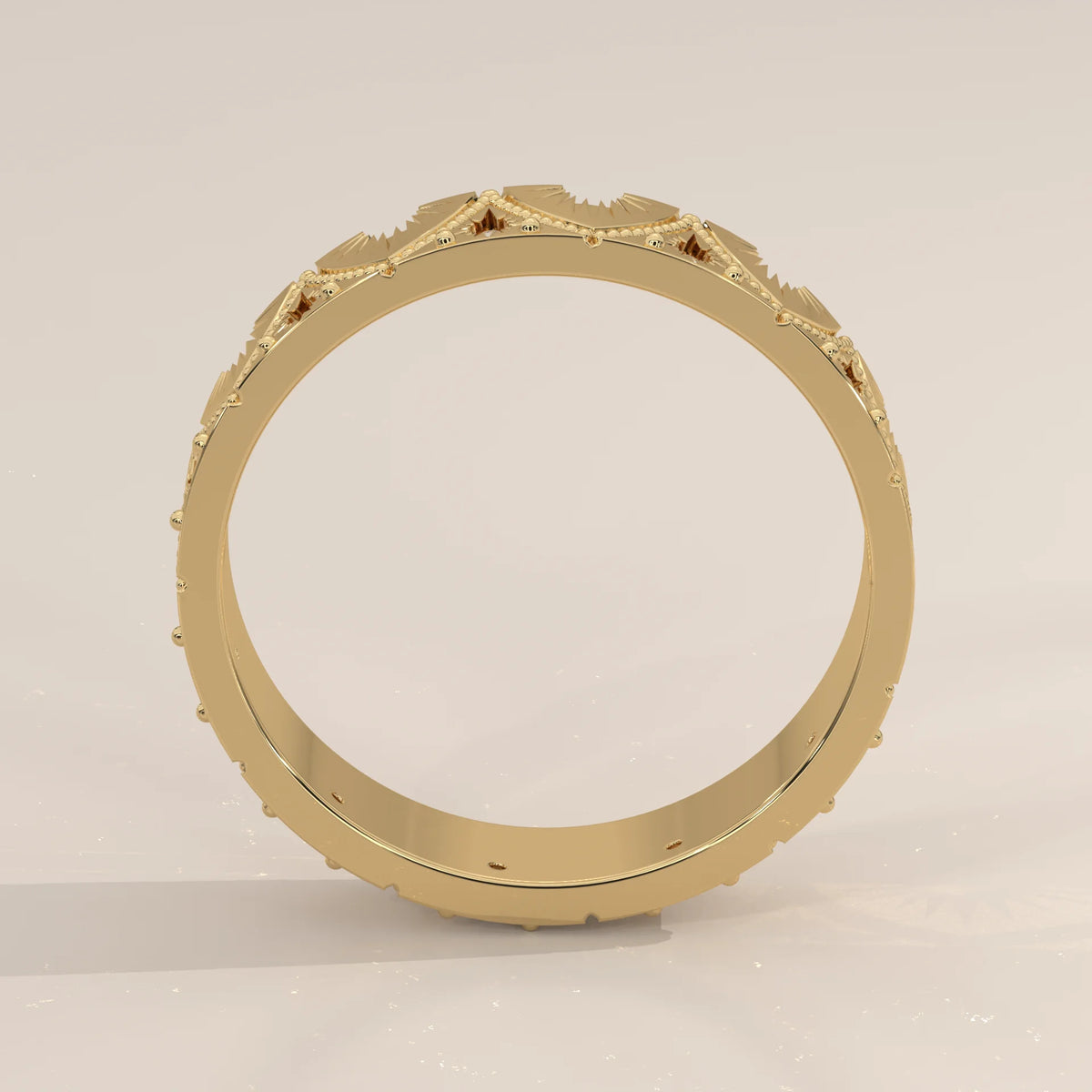 Round Lab Grown Diamond Art Deco Arch Band with Engraved Fan Rays in yellow gold, photographed from the side.