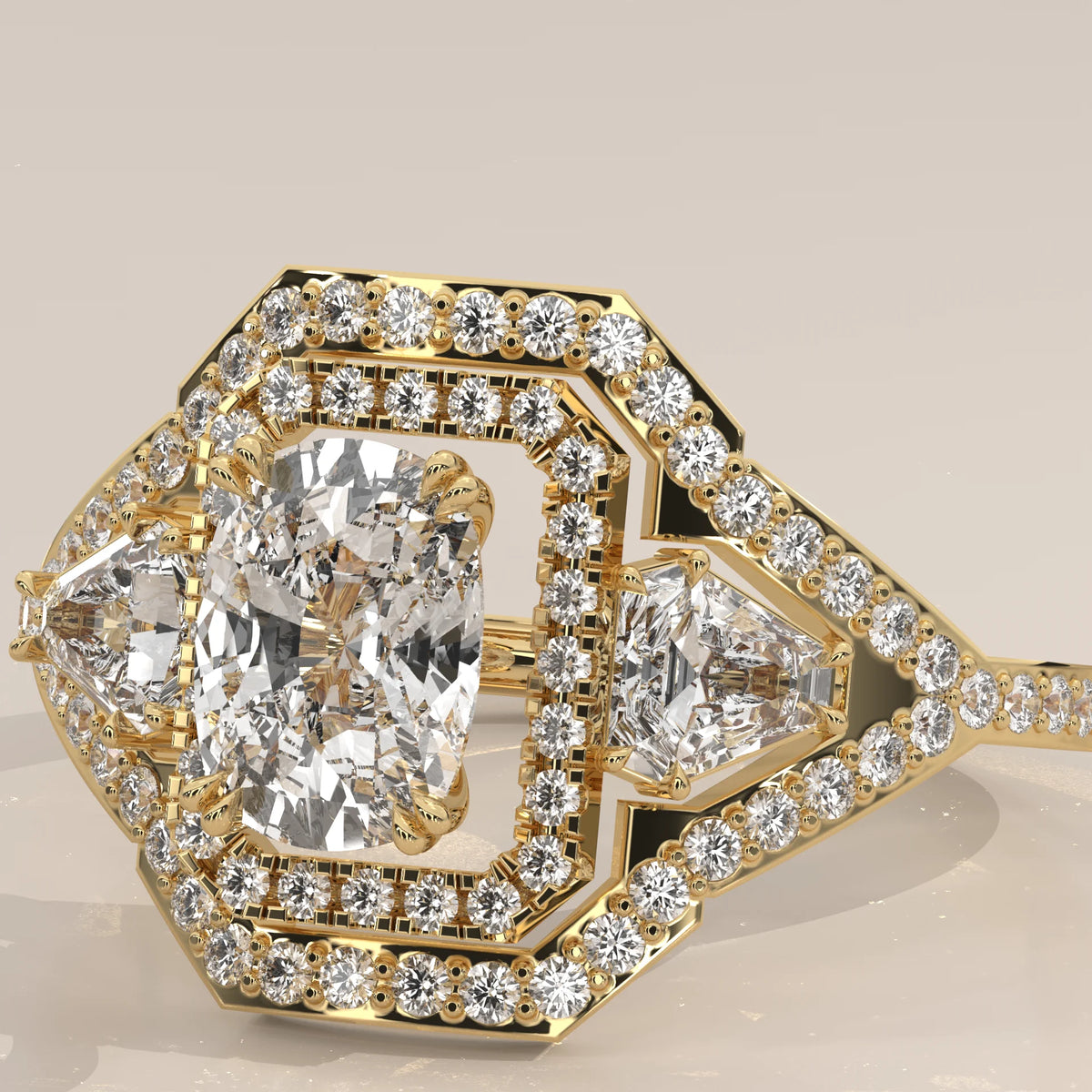 Cushion Lab Grown Diamond Art Deco Halo Ring with Shield Side Stones in yellow gold, front view on a plain background.