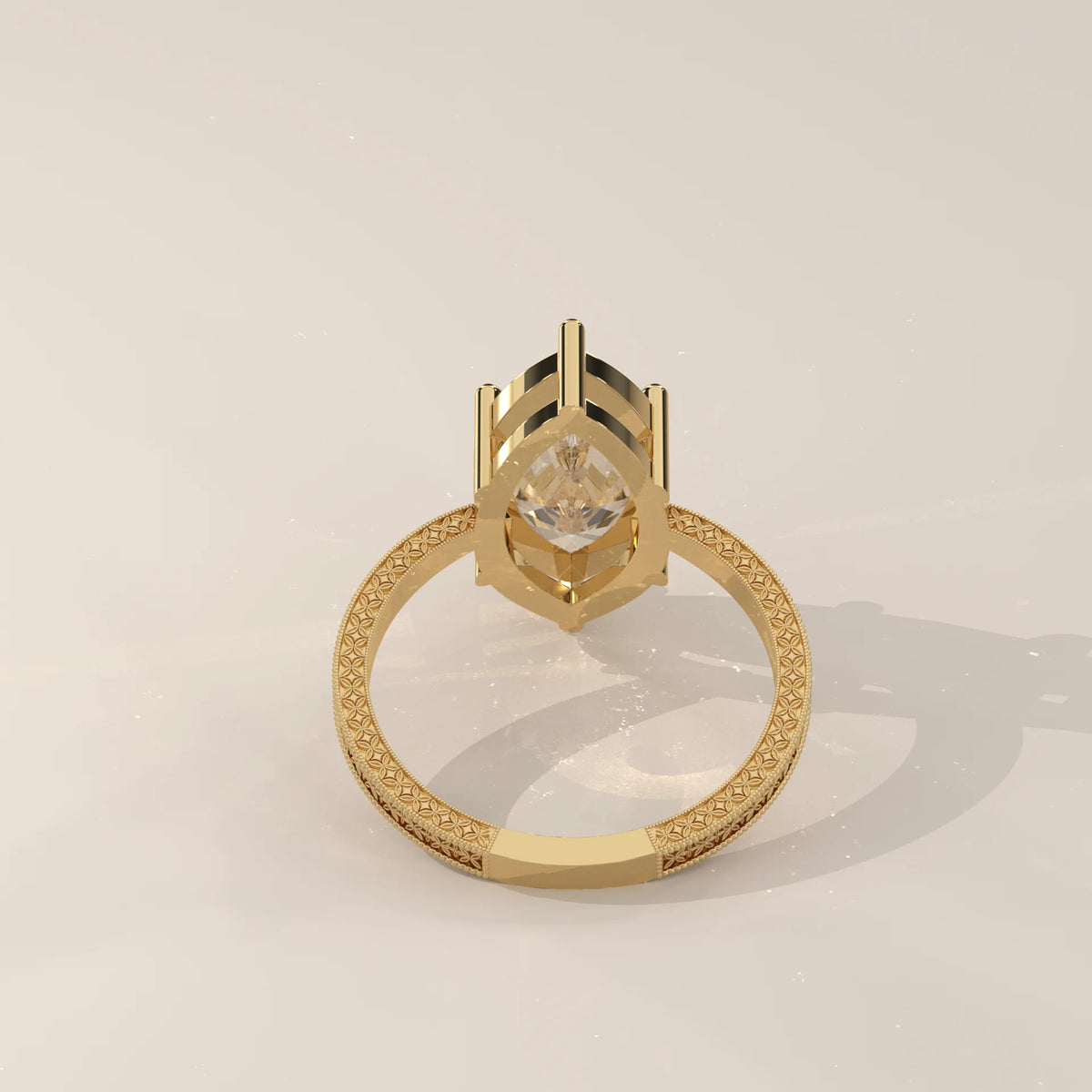 Ginnie 5 Carat Marquise Lab Grown Diamond Ring, Engraved Floral Band in yellow gold, side profile view.