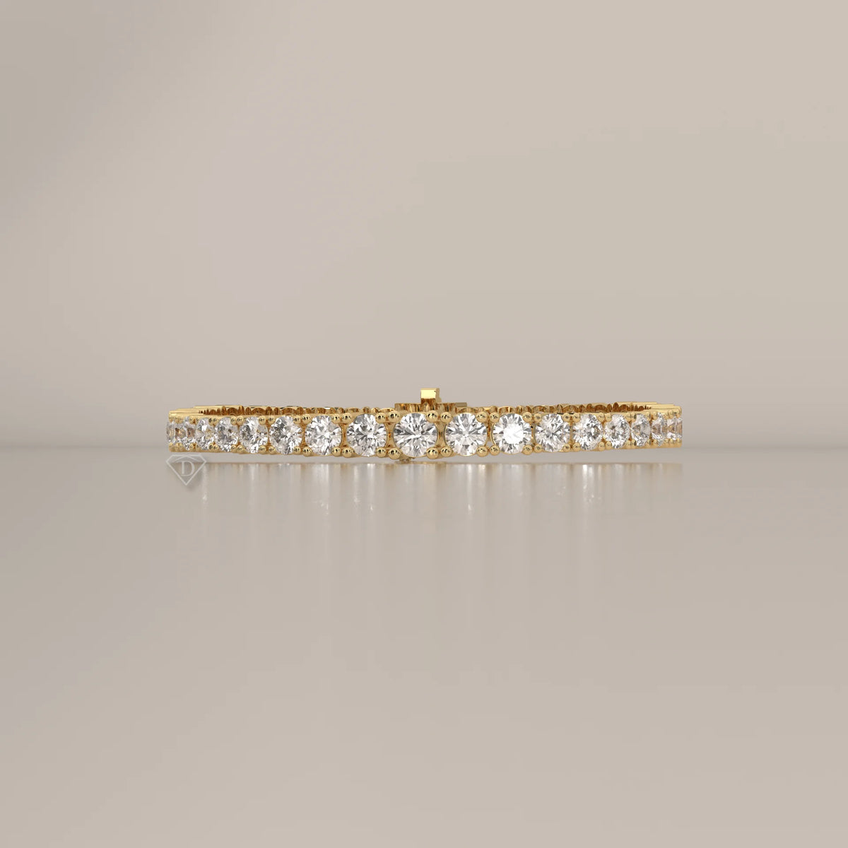Graduated Round Lab Grown Diamond Tennis Bracelet, Four Prong in yellow gold, photographed head-on.