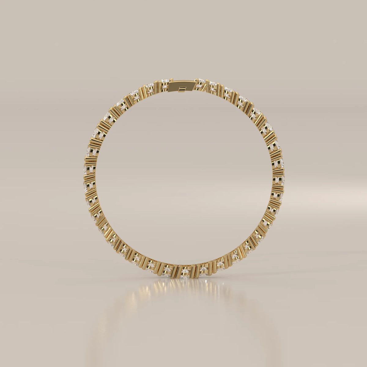 Graduated Round Lab Grown Diamond Tennis Bracelet, Four Prong in yellow gold, front view on a plain background.