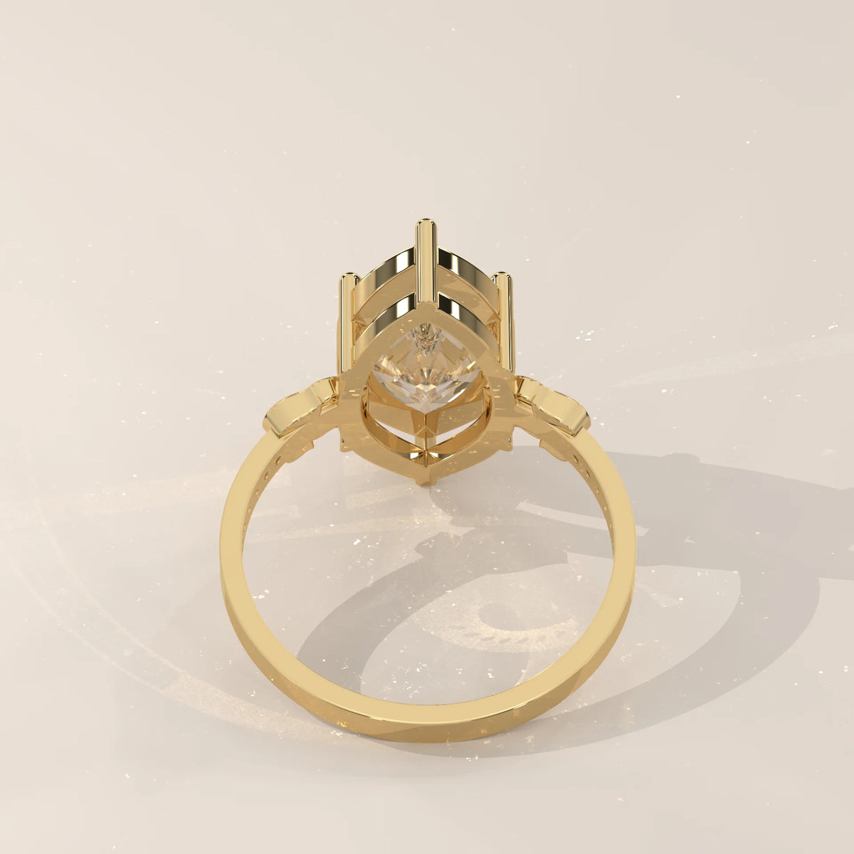 Gronie 5 Carat Marquise Lab Grown Diamond Ring, Carved Leaf Shoulders in yellow gold, back view of the six claw basket.