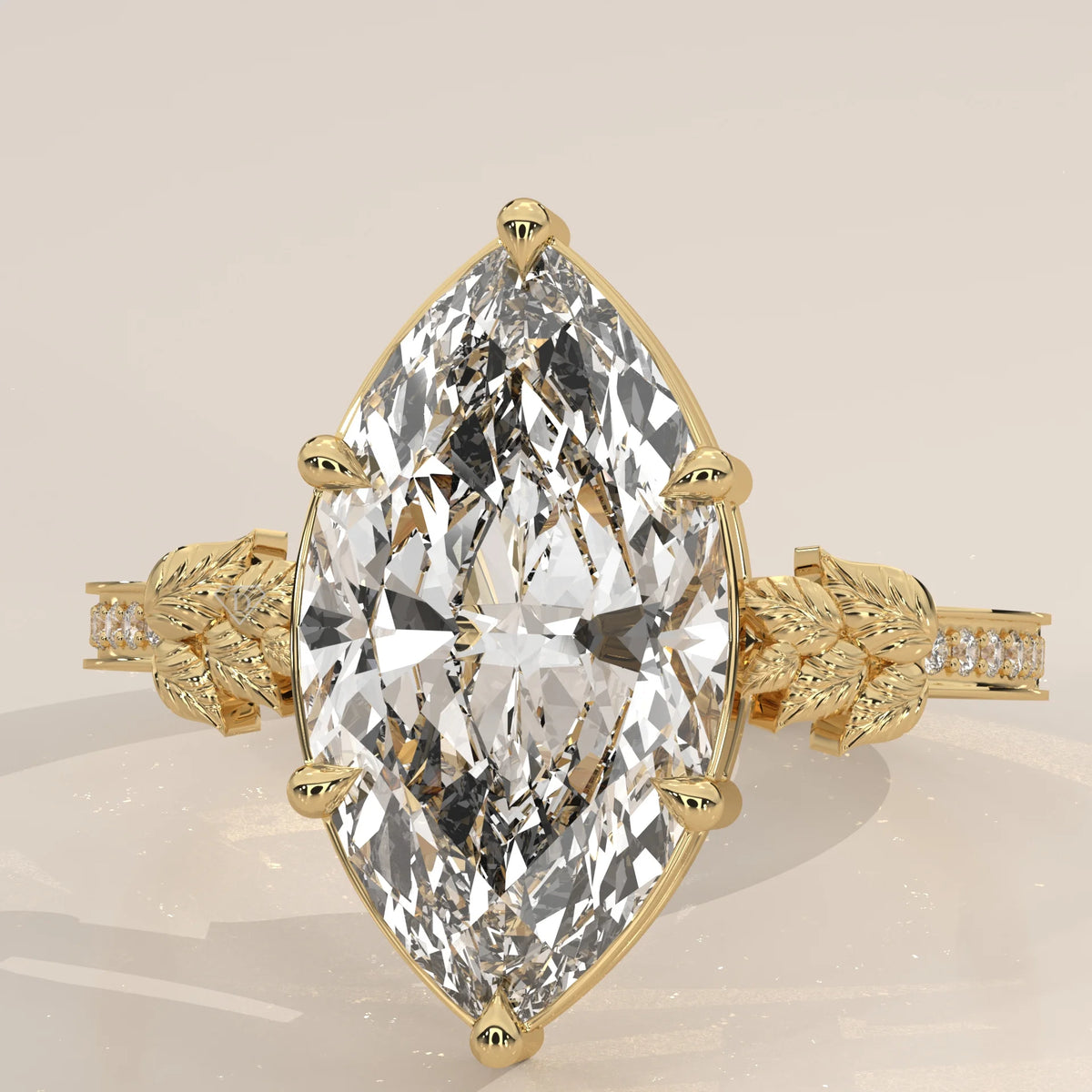Gronie 5 Carat Marquise Lab Grown Diamond Ring, Carved Leaf Shoulders in yellow gold, close-up of the marquise and carved leaves.