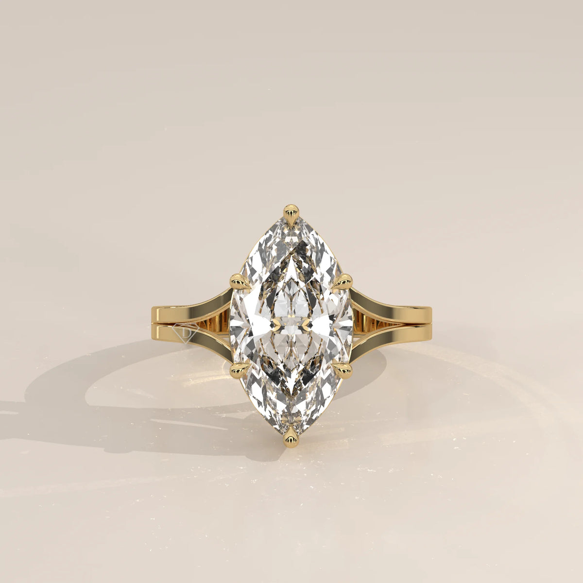 Hage 5 Carat Marquise Lab Grown Diamond Solitaire, Split Shank in yellow gold, photographed head-on.