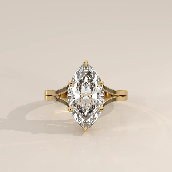 Hage 5 Carat Marquise Lab Grown Diamond Solitaire, Split Shank in yellow gold, photographed head-on.