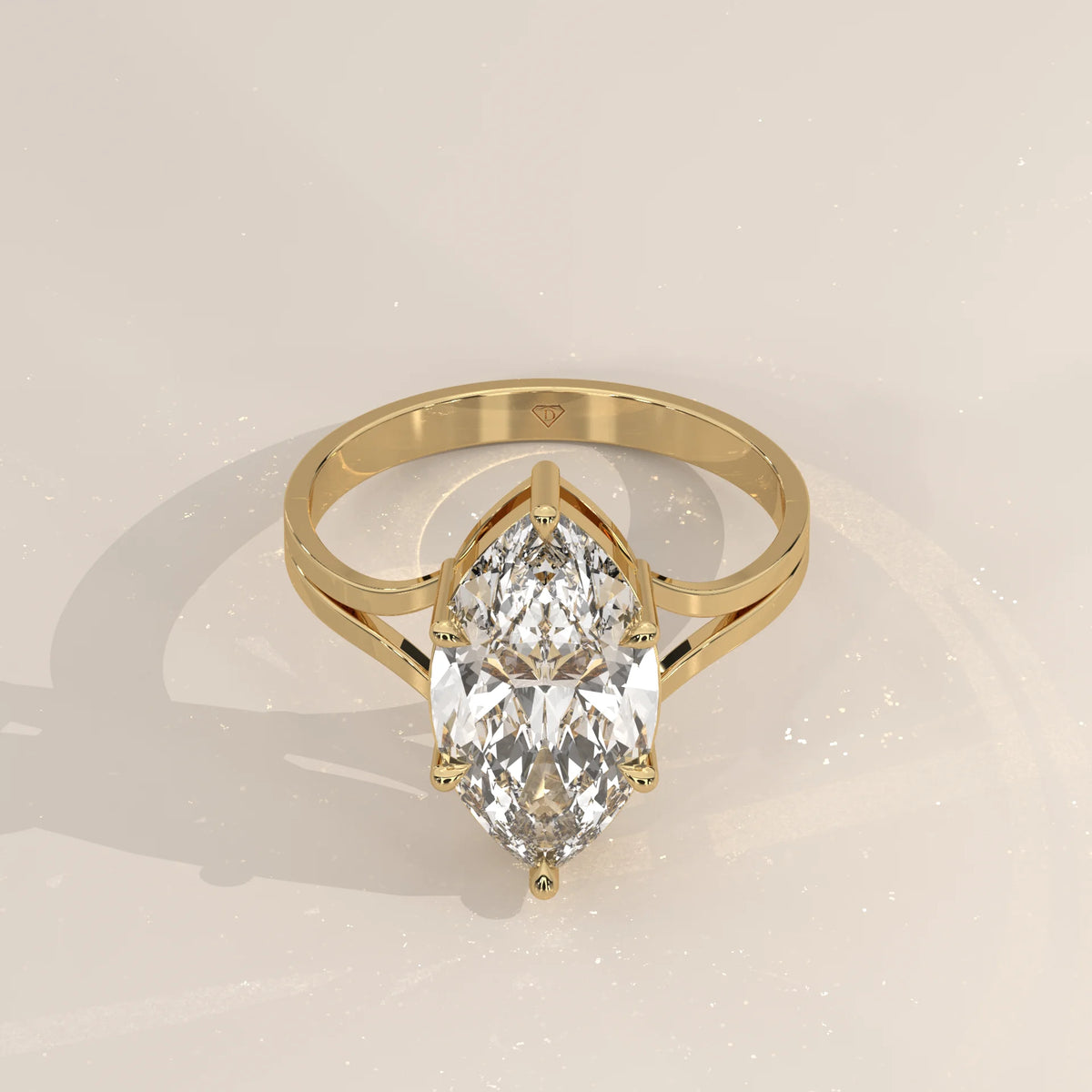 Hage 5 Carat Marquise Lab Grown Diamond Solitaire, Split Shank in yellow gold, shown from the front.