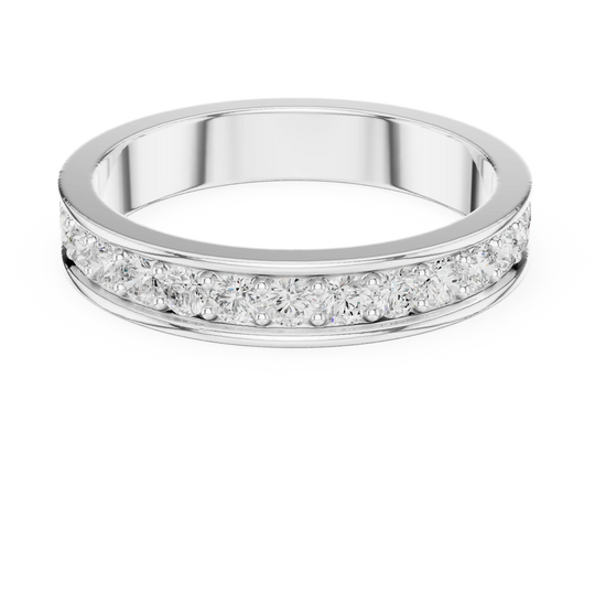 Angled view: Round Diamond Half Eternity Band with Pave Setting in 14K White Gold – Lab Grown – Driona Jewels
