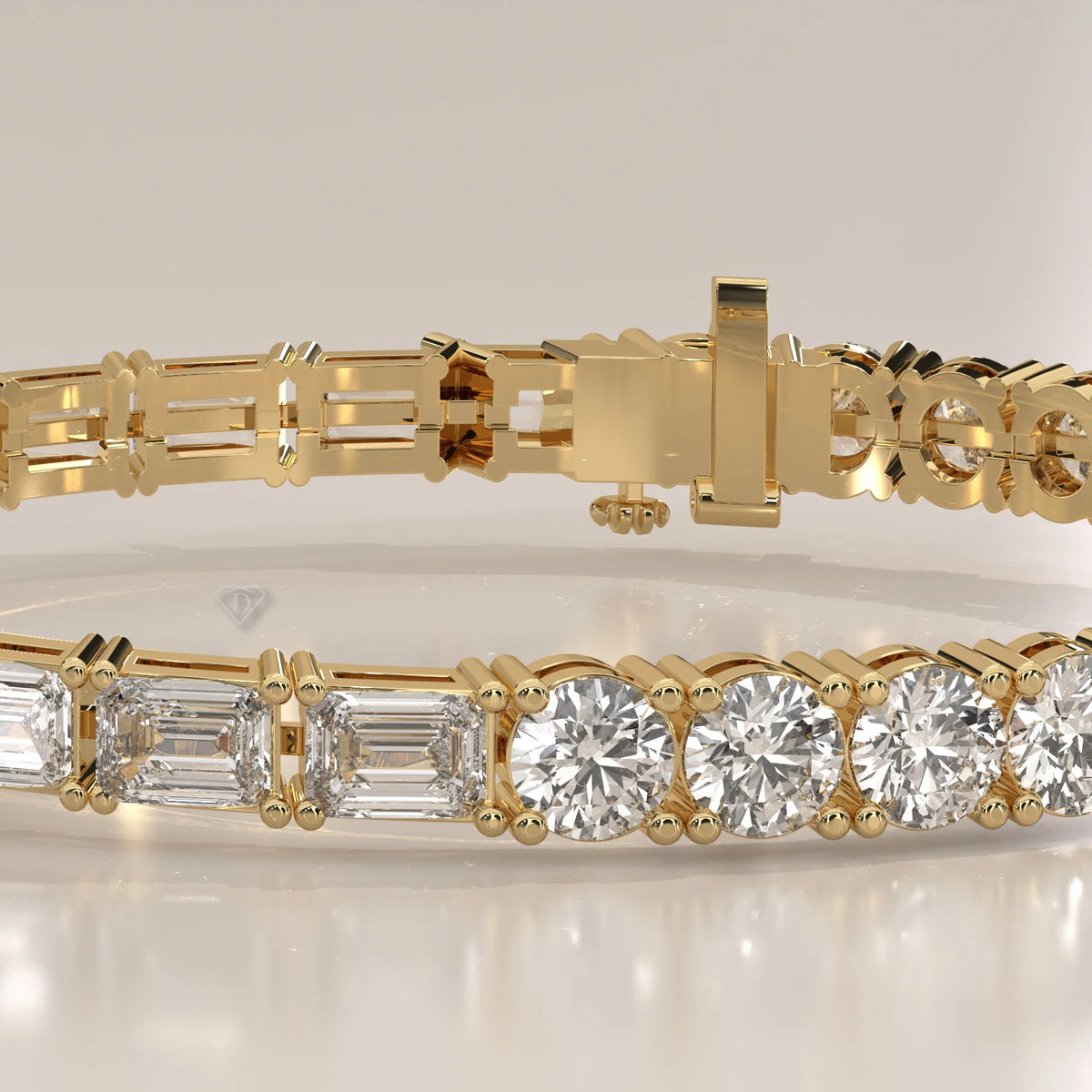 Half Round Half Emerald Cut Lab Grown Diamond Tennis Bracelet in yellow gold, photographed head-on.