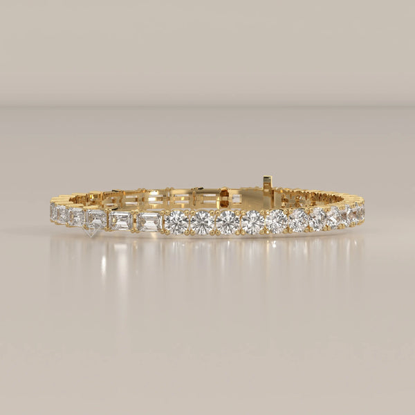 Half Round Half Emerald Cut Lab Grown Diamond Tennis Bracelet in yellow gold, shown from the front.