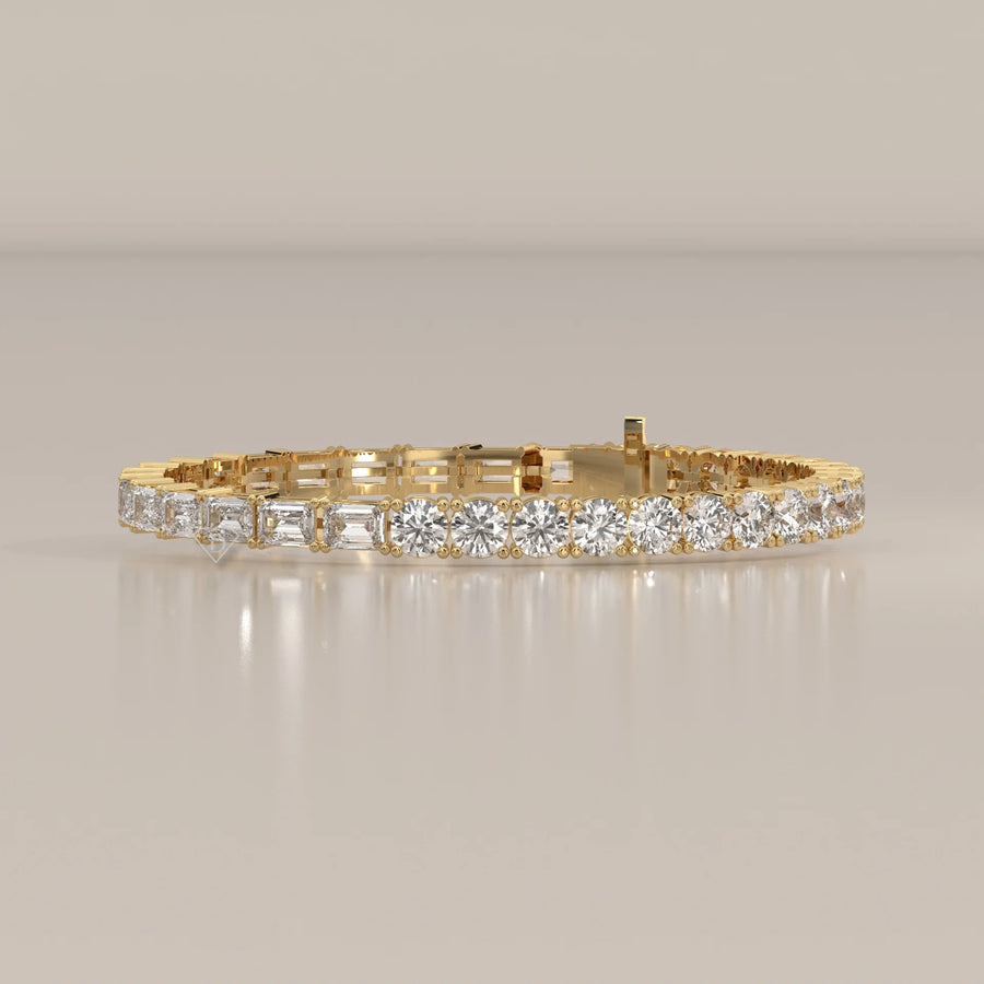 Half Round Half Emerald Cut Lab Grown Diamond Tennis Bracelet in yellow gold, shown from the front.