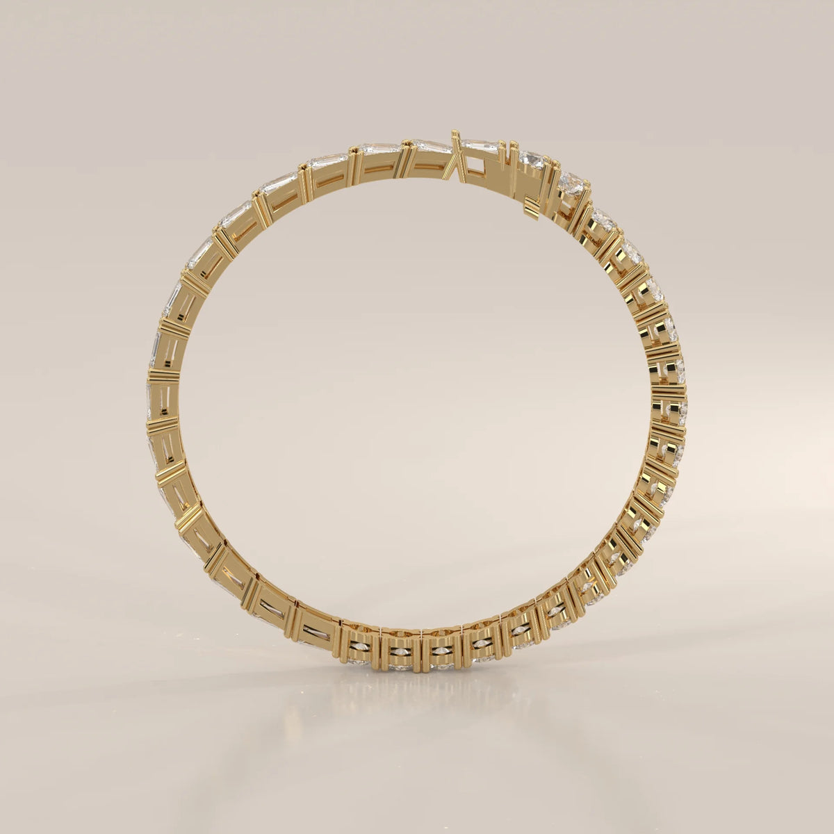 Half Round Half Emerald Cut Lab Grown Diamond Tennis Bracelet in yellow gold, shown from the side.