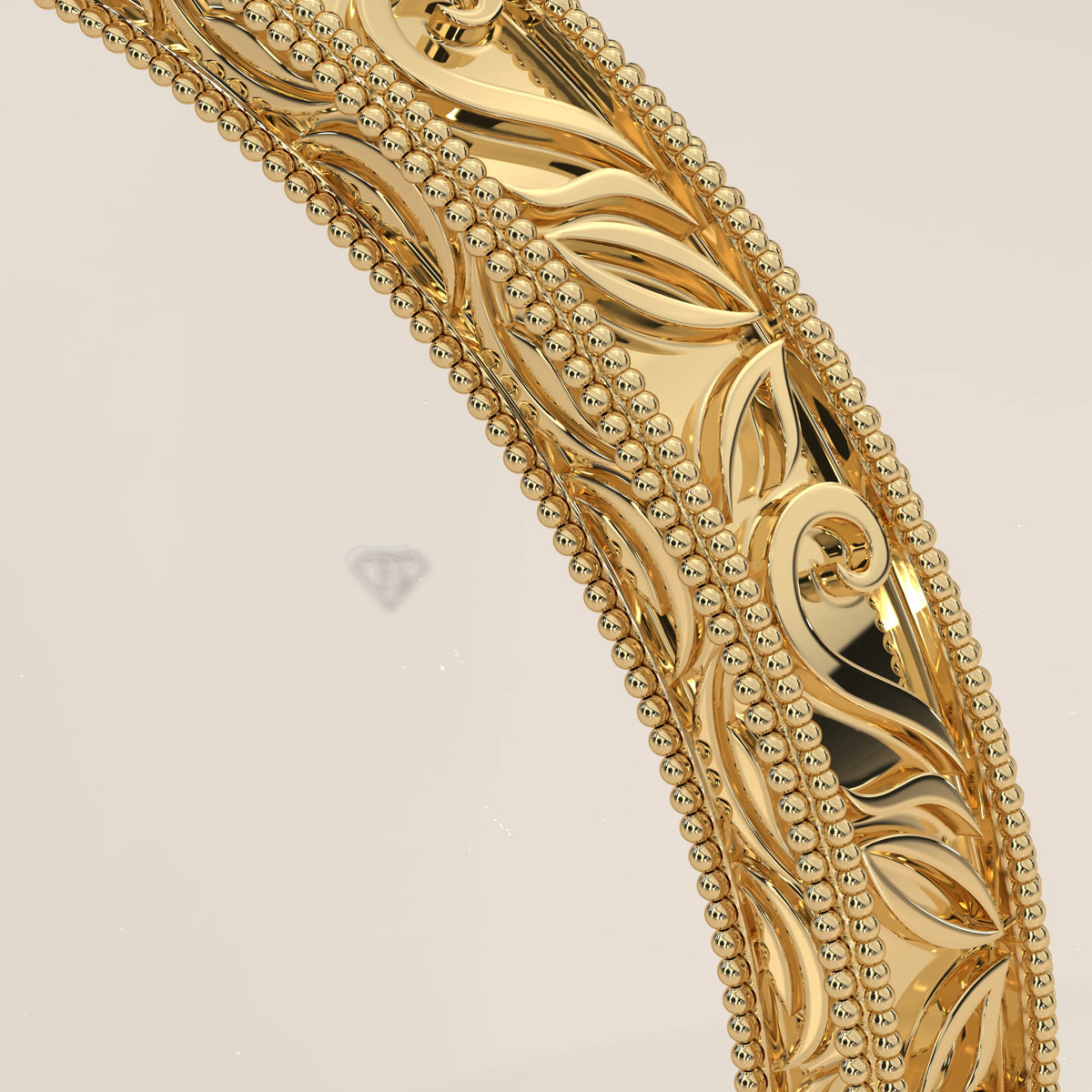 Hand Engraved Acanthus Scroll Gold Band with Milgrain Edges, shown on a plain background.