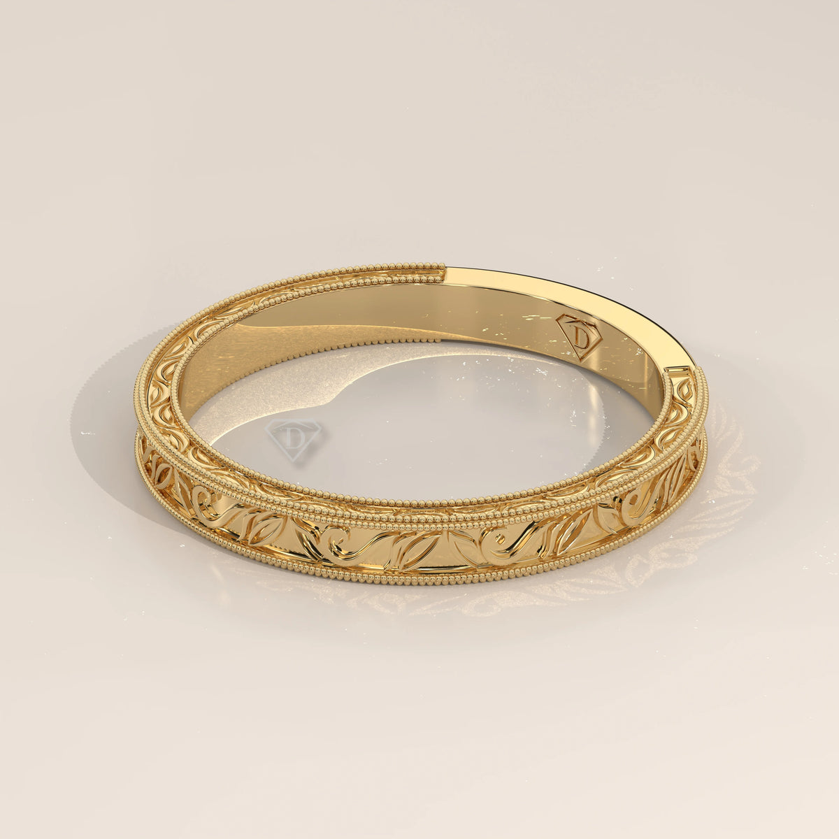 Hand Engraved Acanthus Scroll Gold Band with Milgrain Edges, photographed head-on.