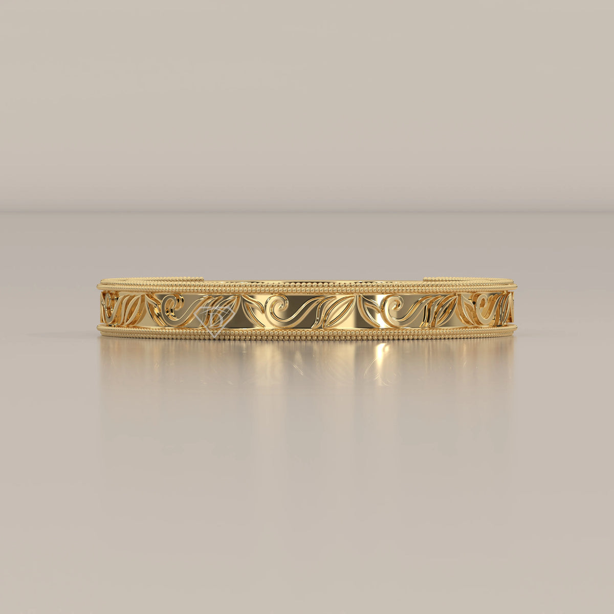 Hand Engraved Acanthus Scroll Gold Band with Milgrain Edges, shown from the front.