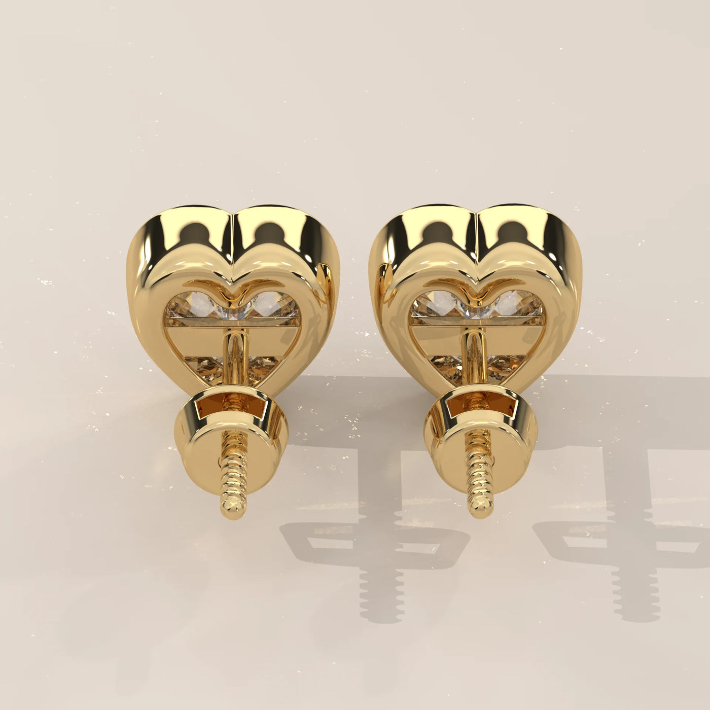Back View: Heart Diamond Stud Earrings with Bezel Setting in Yellow Gold – Lab Grown – Driona Jewels