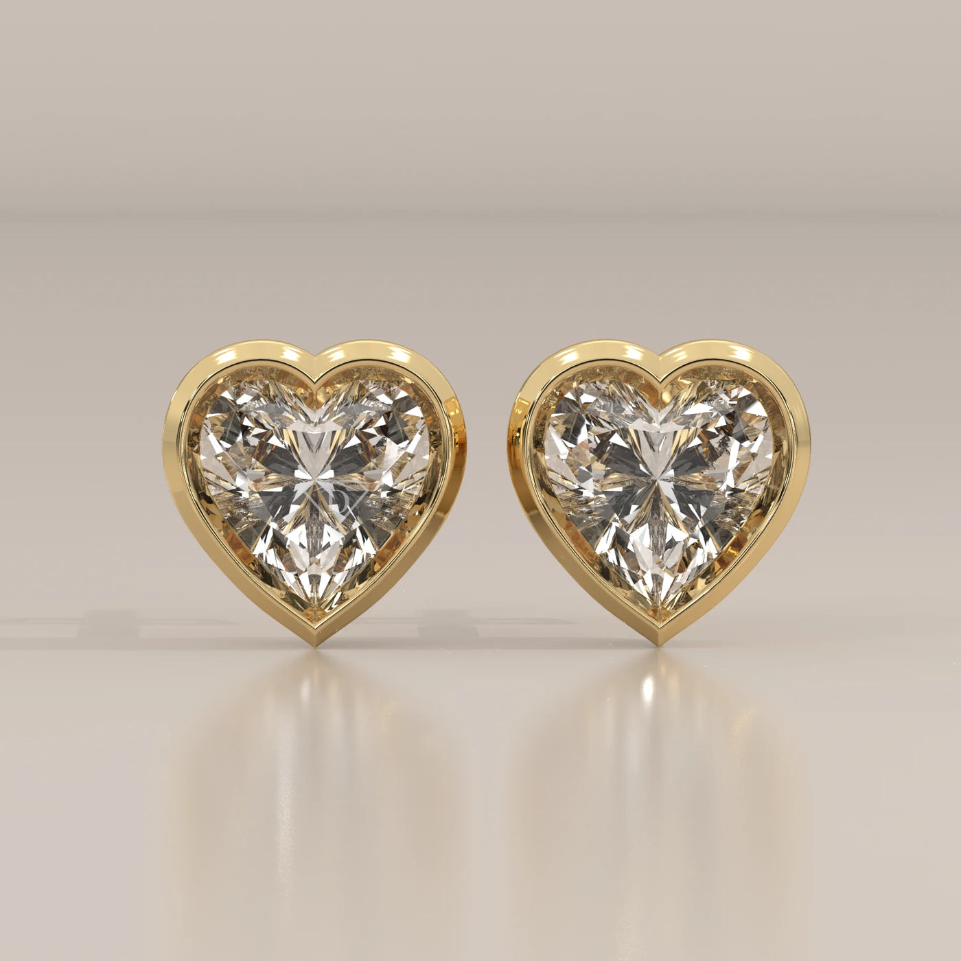 Front View: Heart Diamond Stud Earrings with Bezel Setting in Yellow Gold – Lab Grown – Driona Jewels