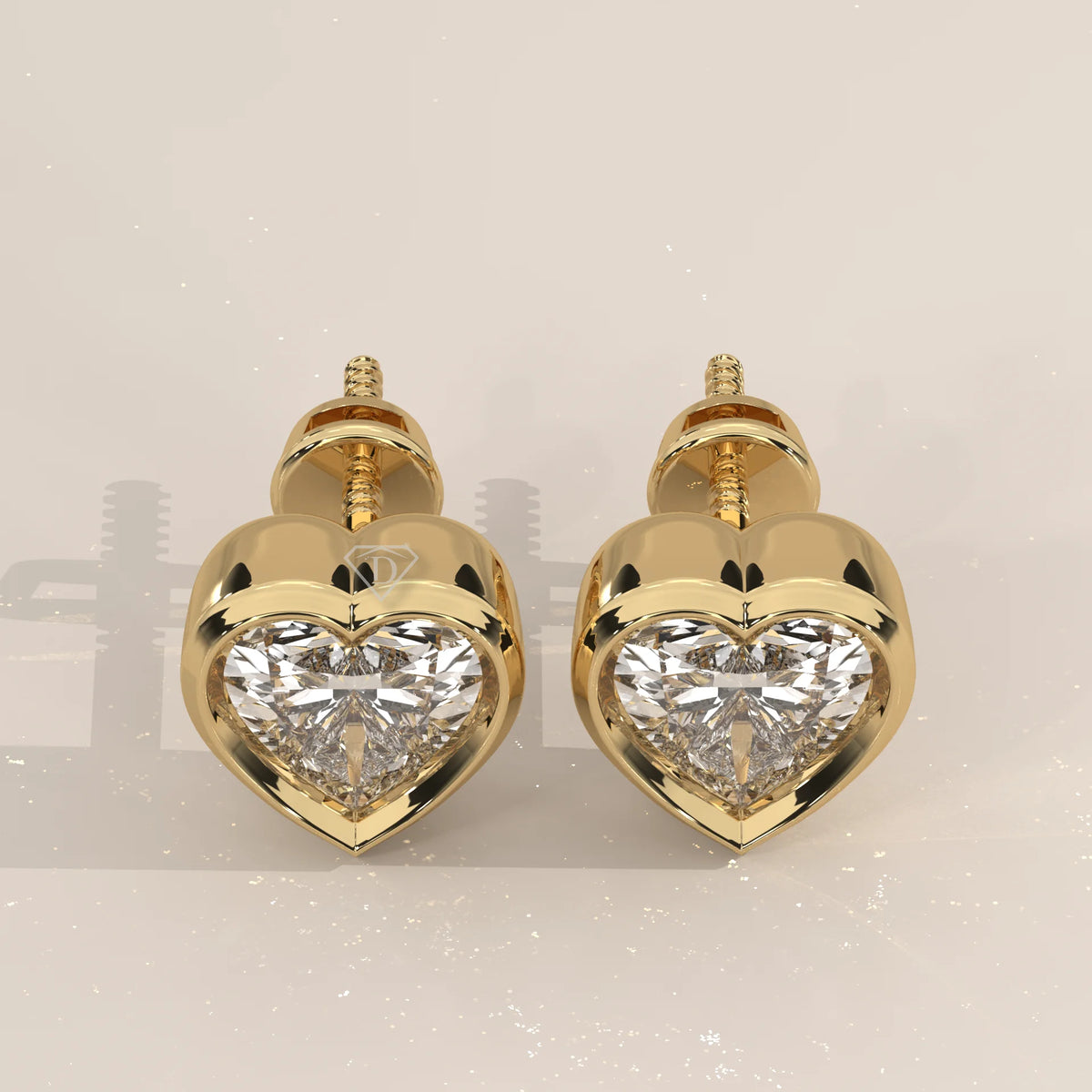 Pair Front View: Heart Diamond Stud Earrings with Bezel Setting in Yellow Gold – Lab Grown – Driona Jewels