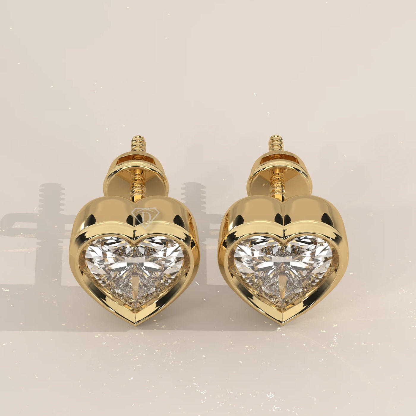 Pair Front View: Heart Diamond Stud Earrings with Bezel Setting in Yellow Gold – Lab Grown – Driona Jewels