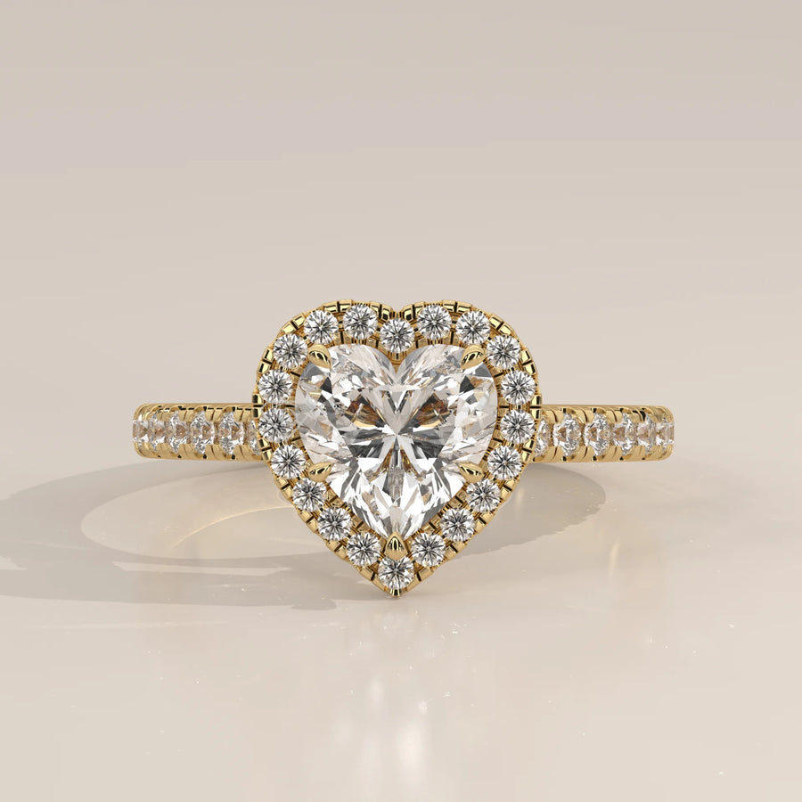 Side Profile: Heart Diamond Engagement Ring with Halo Setting in Yellow Gold – Lab Grown – Driona Jewels