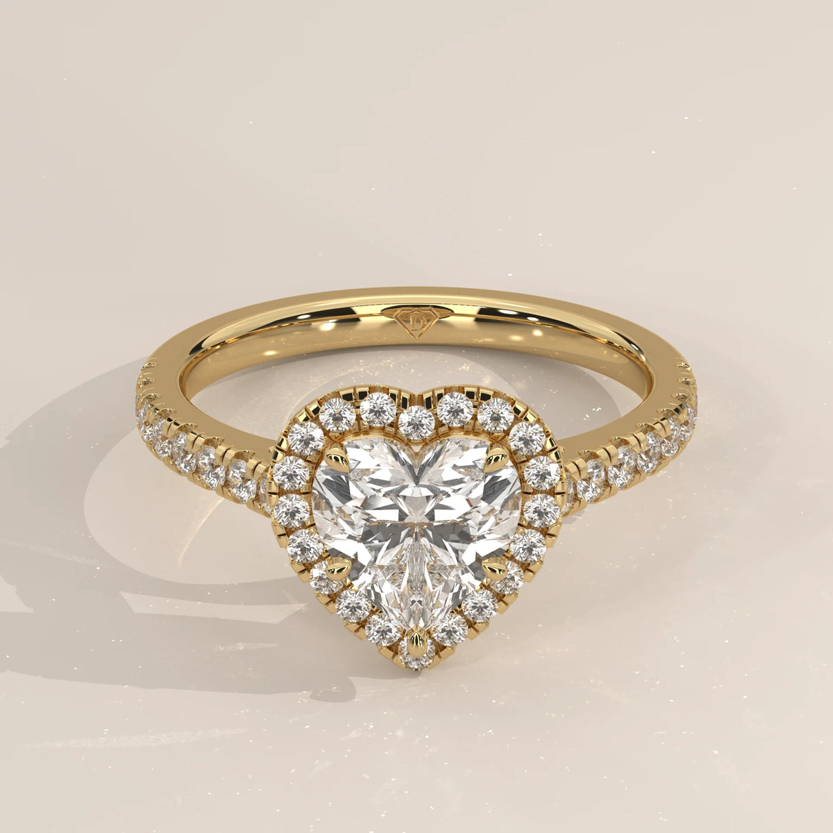 Three-Quarter View: Heart Diamond Engagement Ring with Halo Setting in Yellow Gold – Lab Grown – Driona Jewels