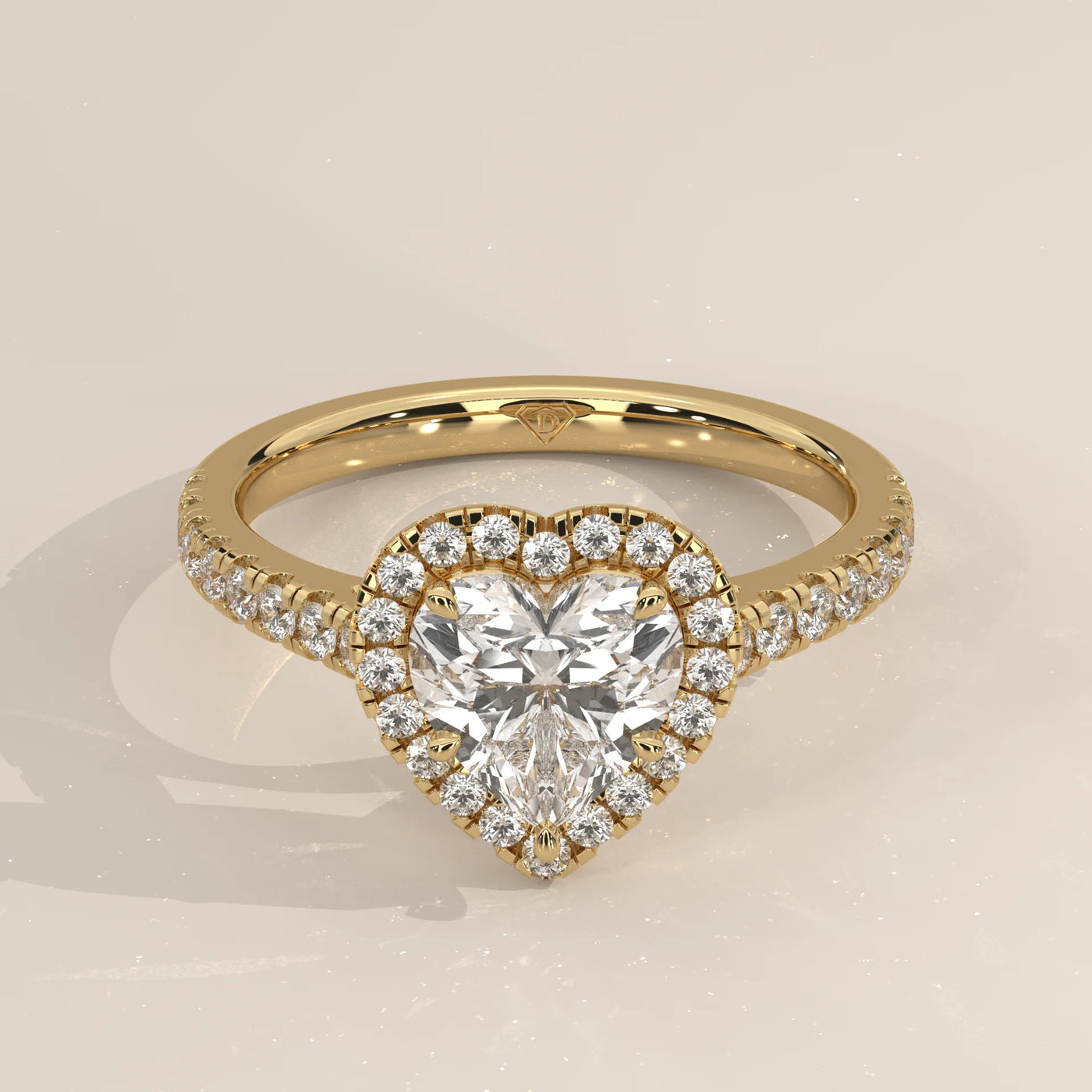 Three-Quarter View: Heart Diamond Engagement Ring with Halo Setting in Yellow Gold – Lab Grown – Driona Jewels