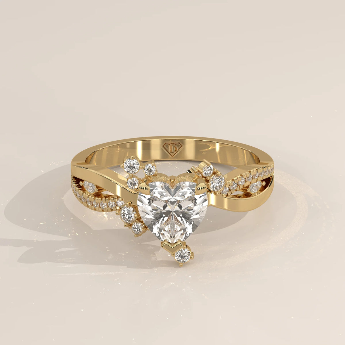 Gold ring with a heart-shaped diamond and smaller accent diamonds.