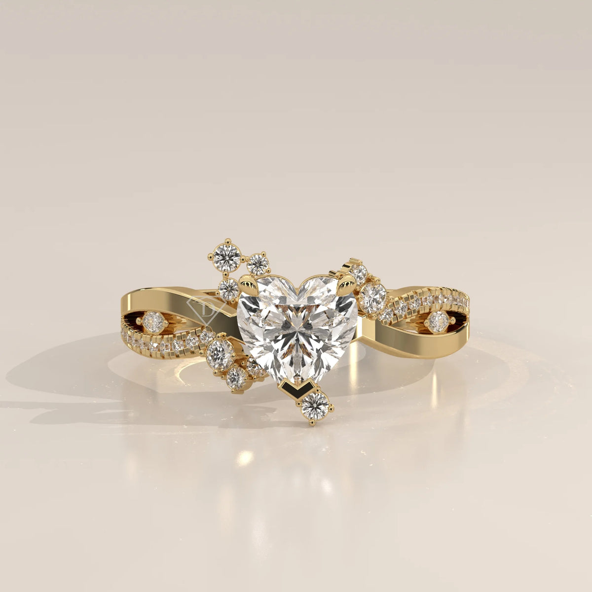 Gold ring with a heart-shaped diamond and smaller accent diamonds.