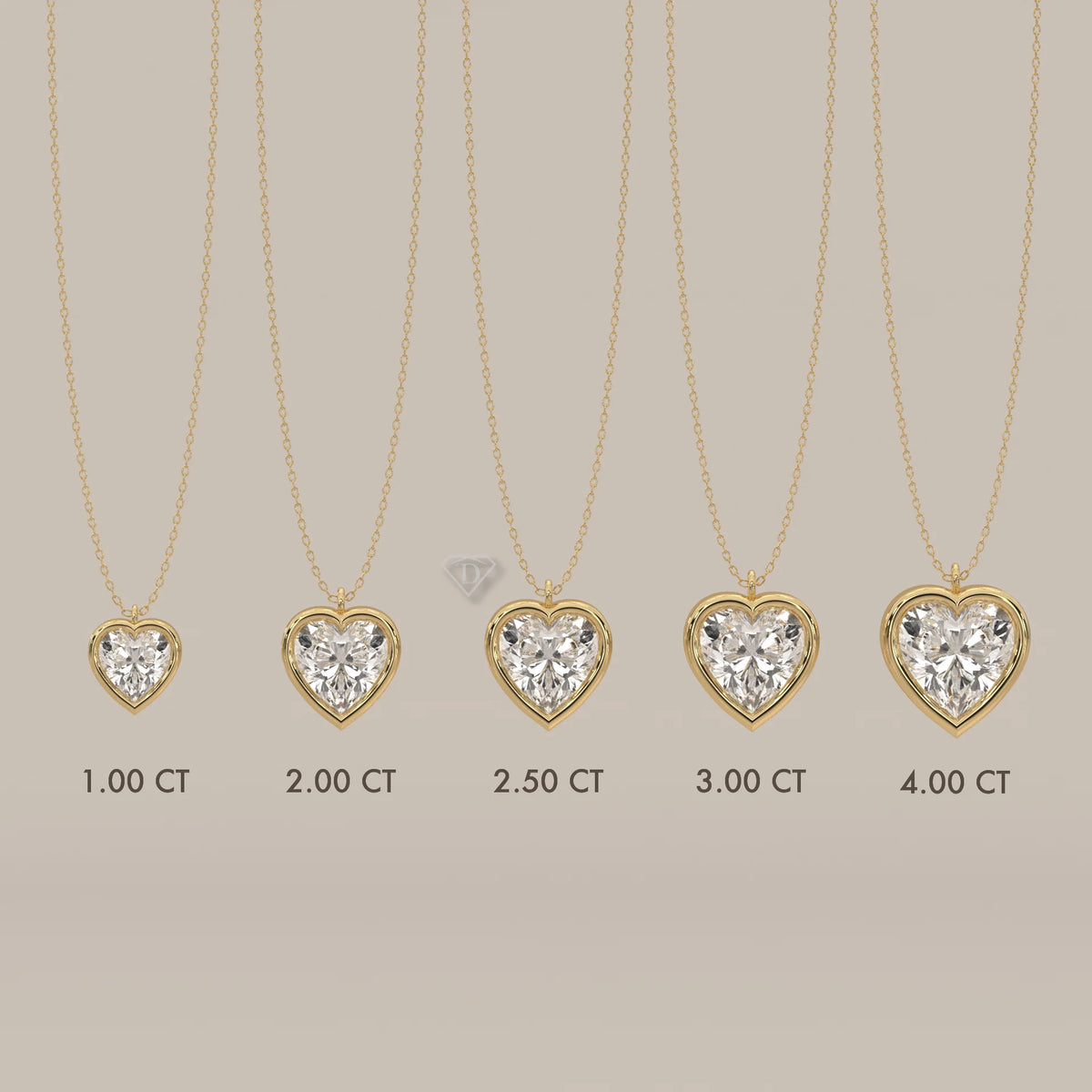 Five gold necklaces with heart-shaped diamonds of varying carat sizes displayed.