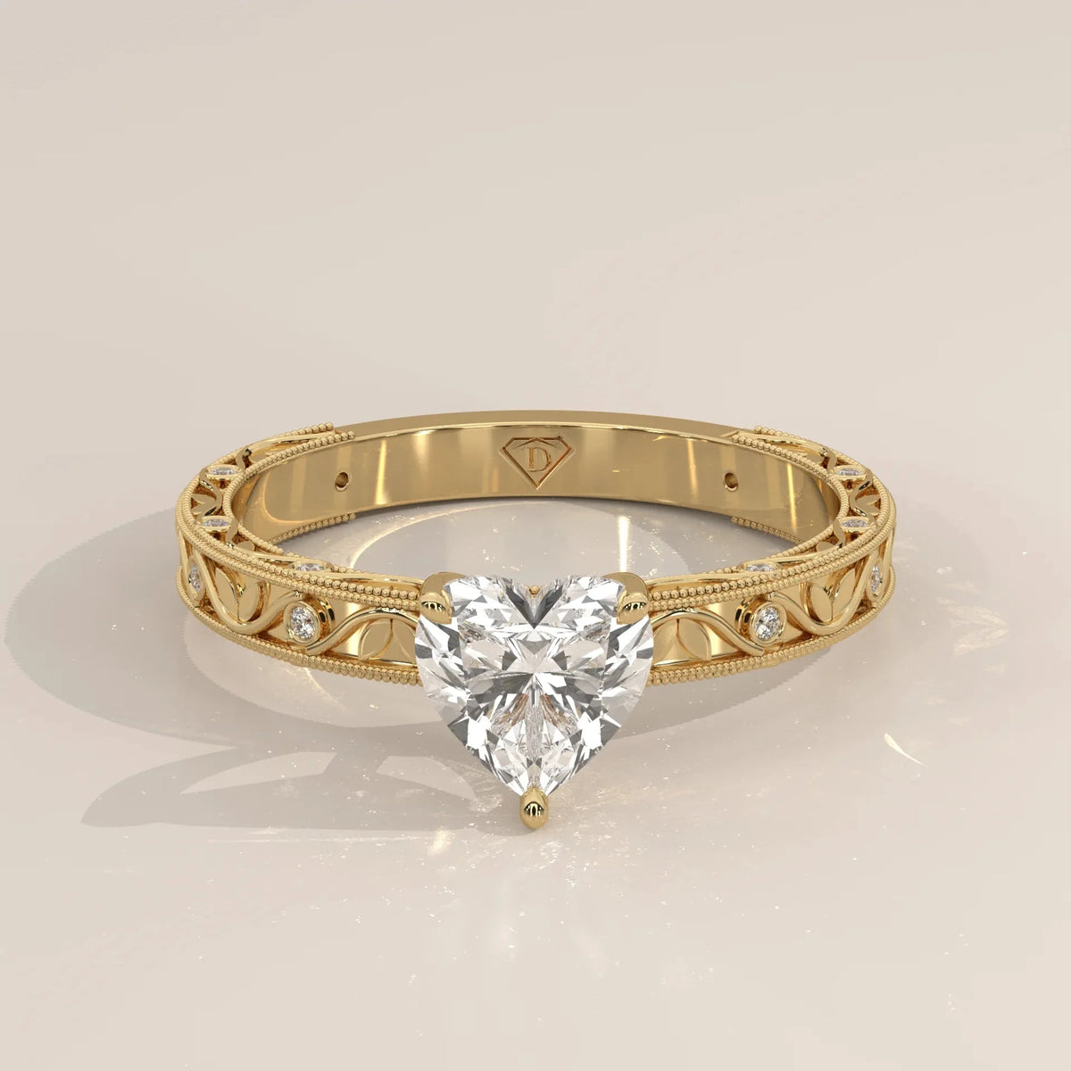 Front View: Heart Diamond Ring with Openwork Setting in Yellow Gold – Lab Grown – Driona Jewels