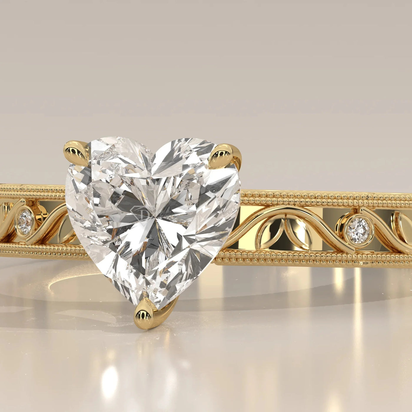 Front View: Heart Diamond Ring with Openwork Setting in Yellow Gold – Lab Grown – Driona Jewels