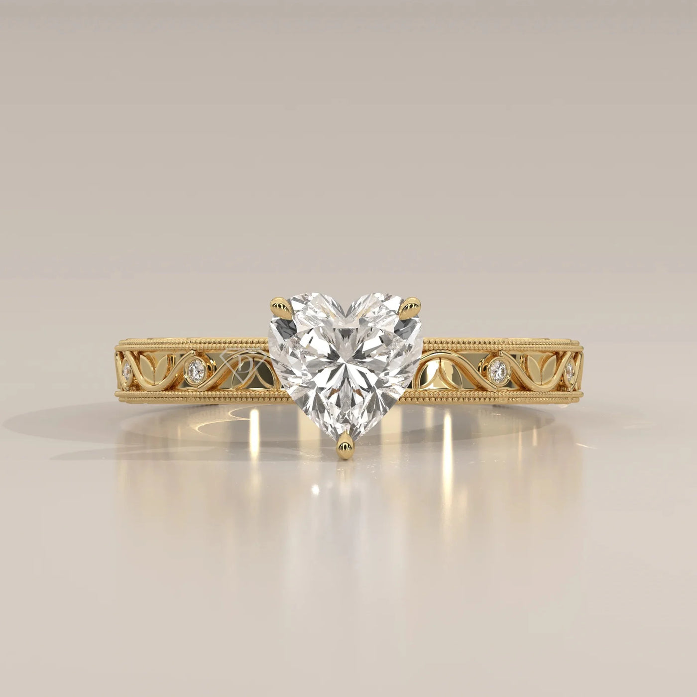 Front View: Heart Diamond Ring with Openwork Setting in Yellow Gold – Lab Grown – Driona Jewels