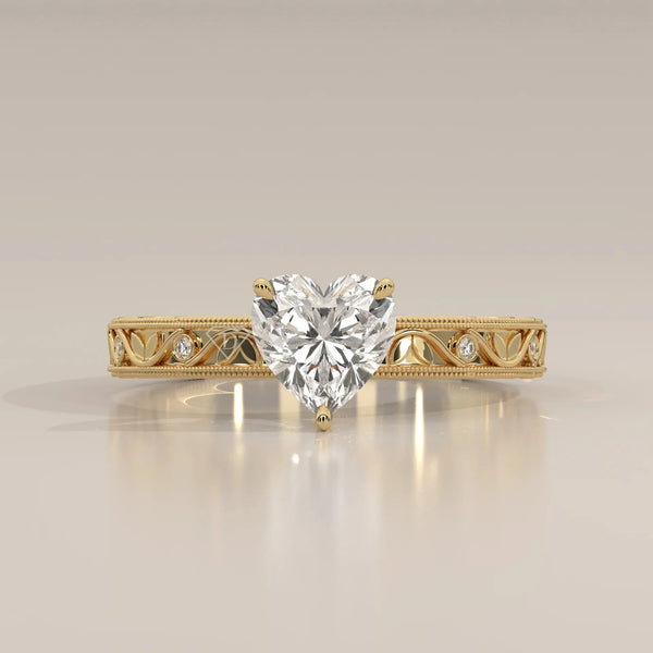 Front View: Heart Diamond Ring with Openwork Setting in Yellow Gold – Lab Grown – Driona Jewels