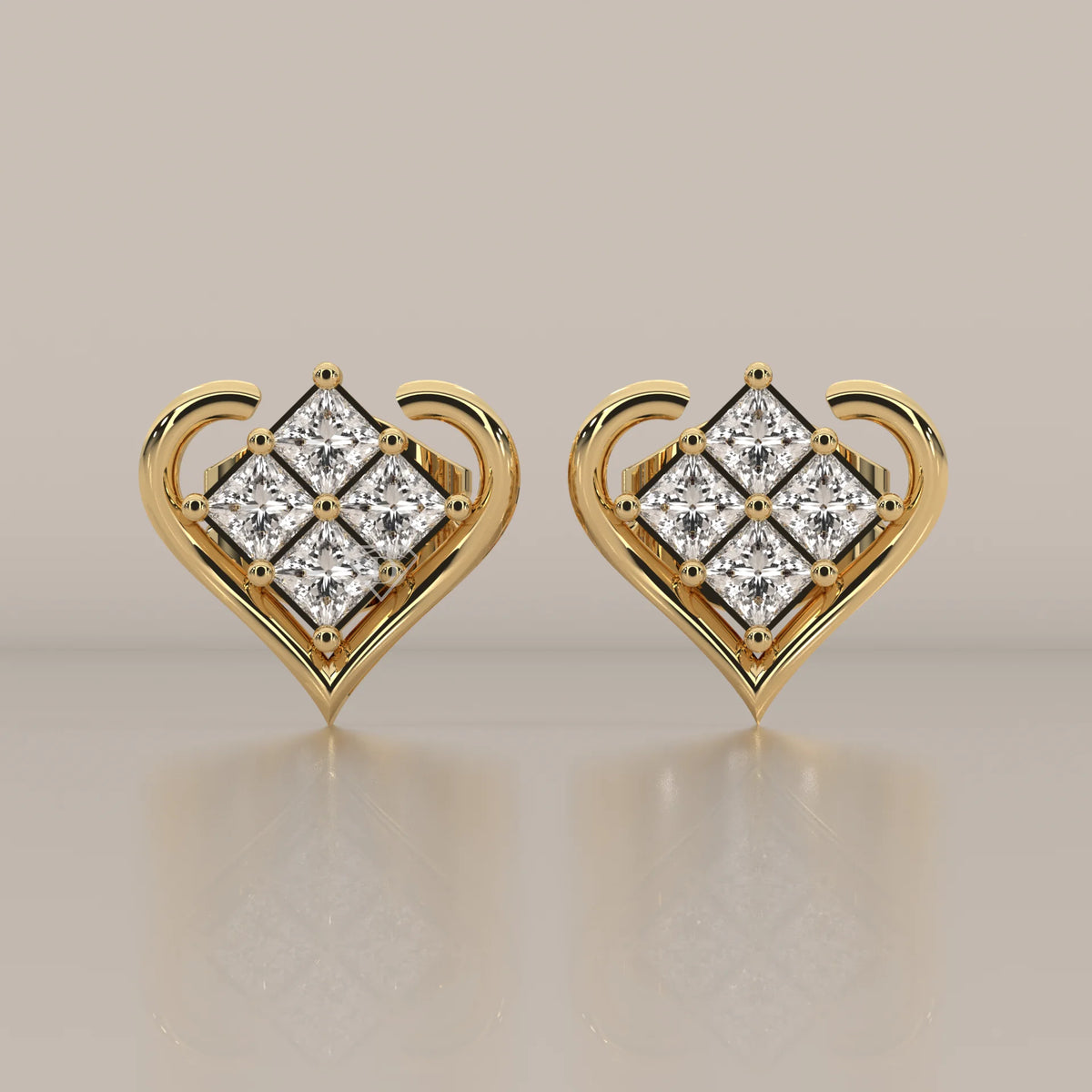 Front View: Princess Diamond Stud Earrings with Cluster Setting in Yellow Gold – Lab Grown – Driona Jewels