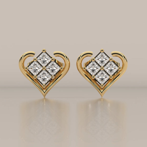 Front View: Princess Diamond Stud Earrings with Cluster Setting in Yellow Gold – Lab Grown – Driona Jewels