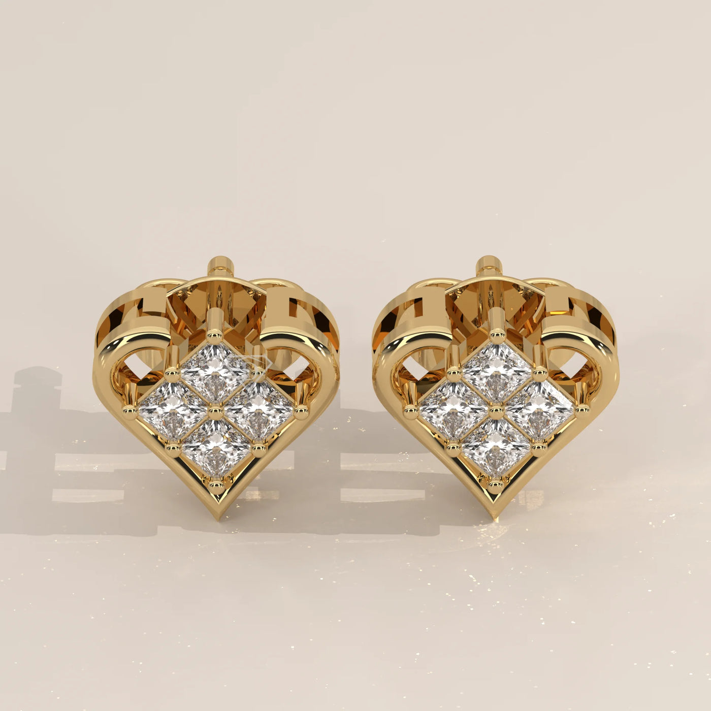 Pair Front View: Princess Diamond Stud Earrings with Cluster Setting in Yellow Gold – Lab Grown – Driona Jewels