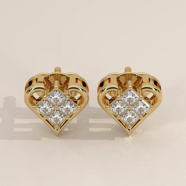 Pair Front View: Princess Diamond Stud Earrings with Cluster Setting in Yellow Gold – Lab Grown – Driona Jewels