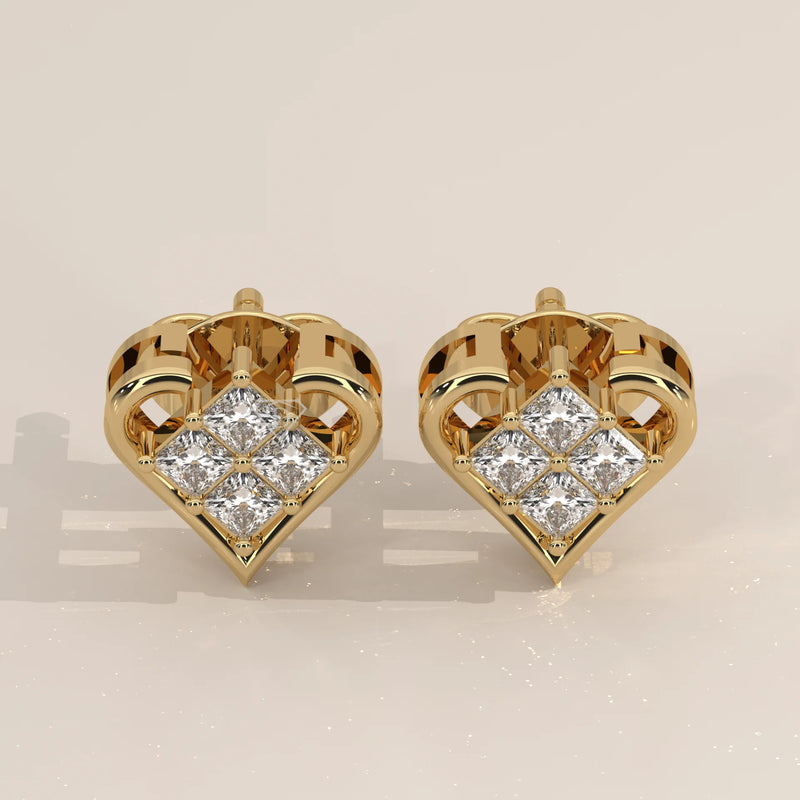 Pair Front View: Princess Diamond Stud Earrings with Cluster Setting in Yellow Gold – Lab Grown – Driona Jewels