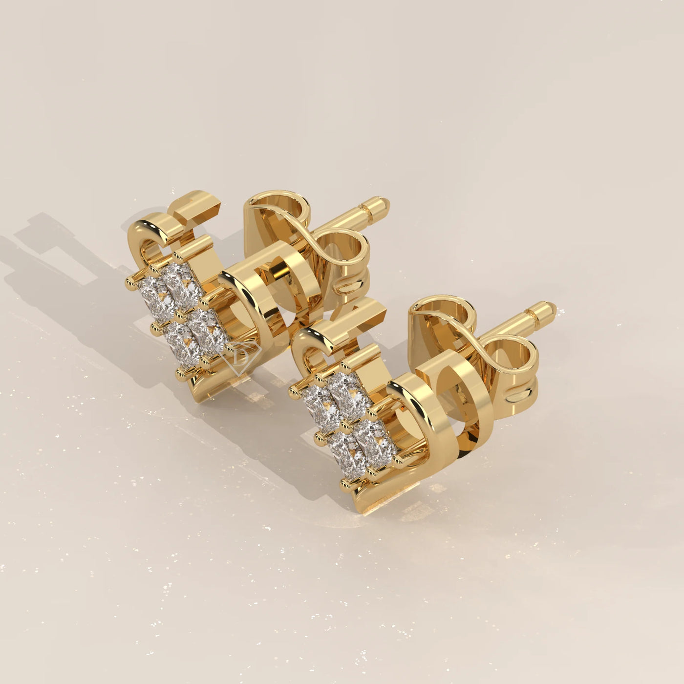 Three-Quarter View: Princess Diamond Stud Earrings with Cluster Setting in Yellow Gold – Lab Grown – Driona Jewels